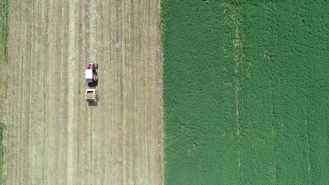 Ackerland-Aus-Der-Luft-Von-Oben-Nach-Unten,-In-Zwei-Farben-Aufgeteilt,-Erntesaison-In-Arbeit