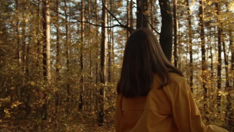 Woman-having-fun-with-falling-leaves-in-forrest