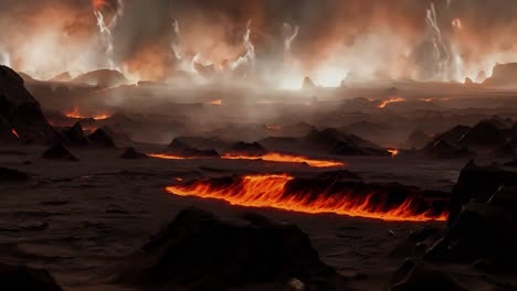 a landscape of volcanic activity with lava flowing through the terrain