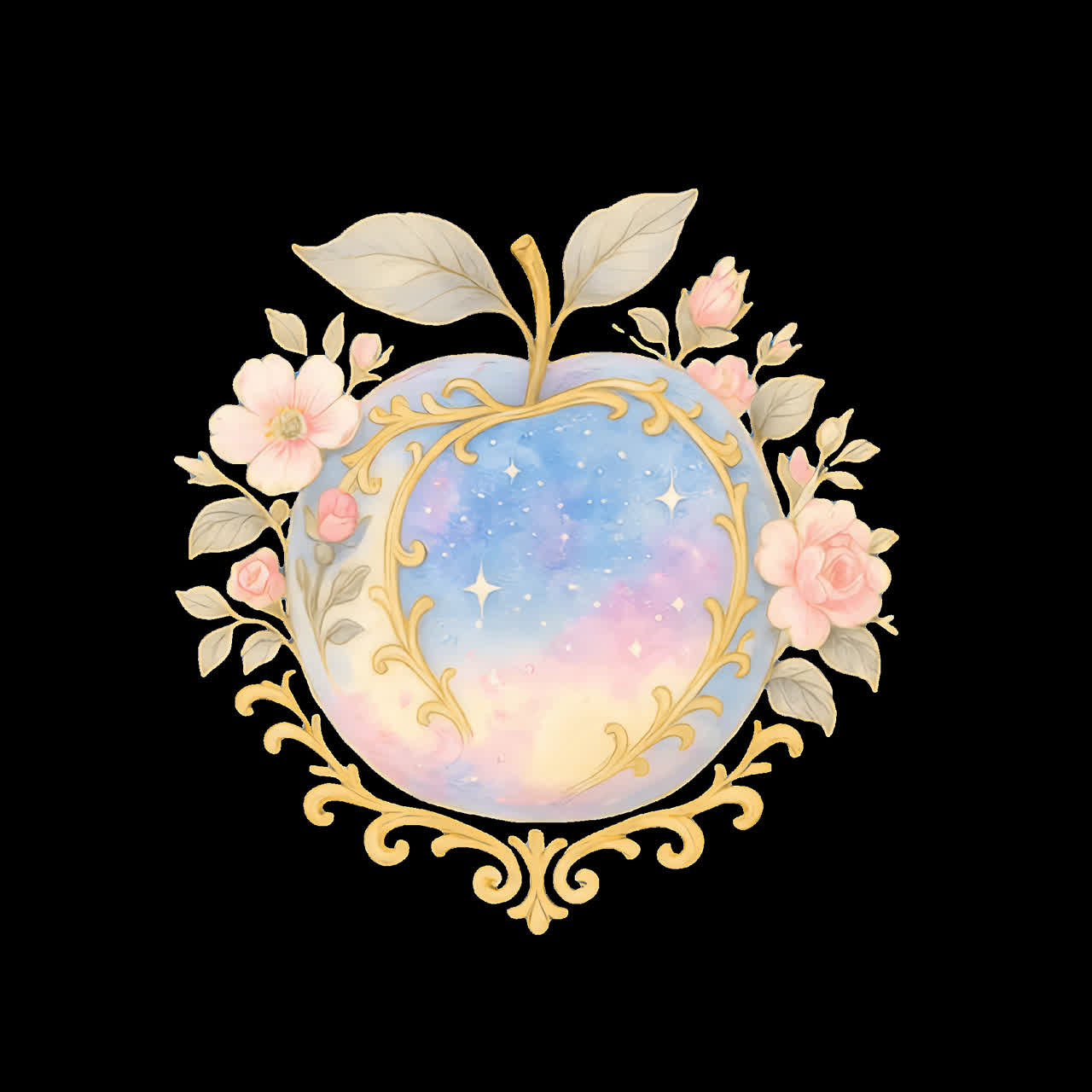 Enchanted galaxy apple illustration animation isolated asset, transparent 4K video, alpha channel