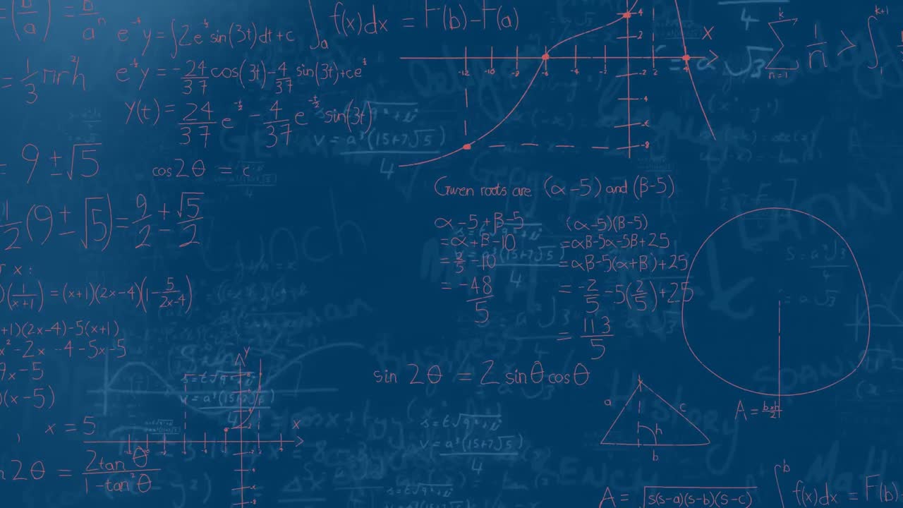 Animation of spots of light over mathematical equations and school concept texts on blue background
