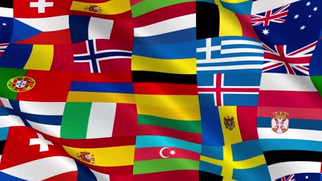 banner with the flags of the countries participating in the european song contest 2022. cloth flutters in the wind. loop animation, 3d render, 60fps