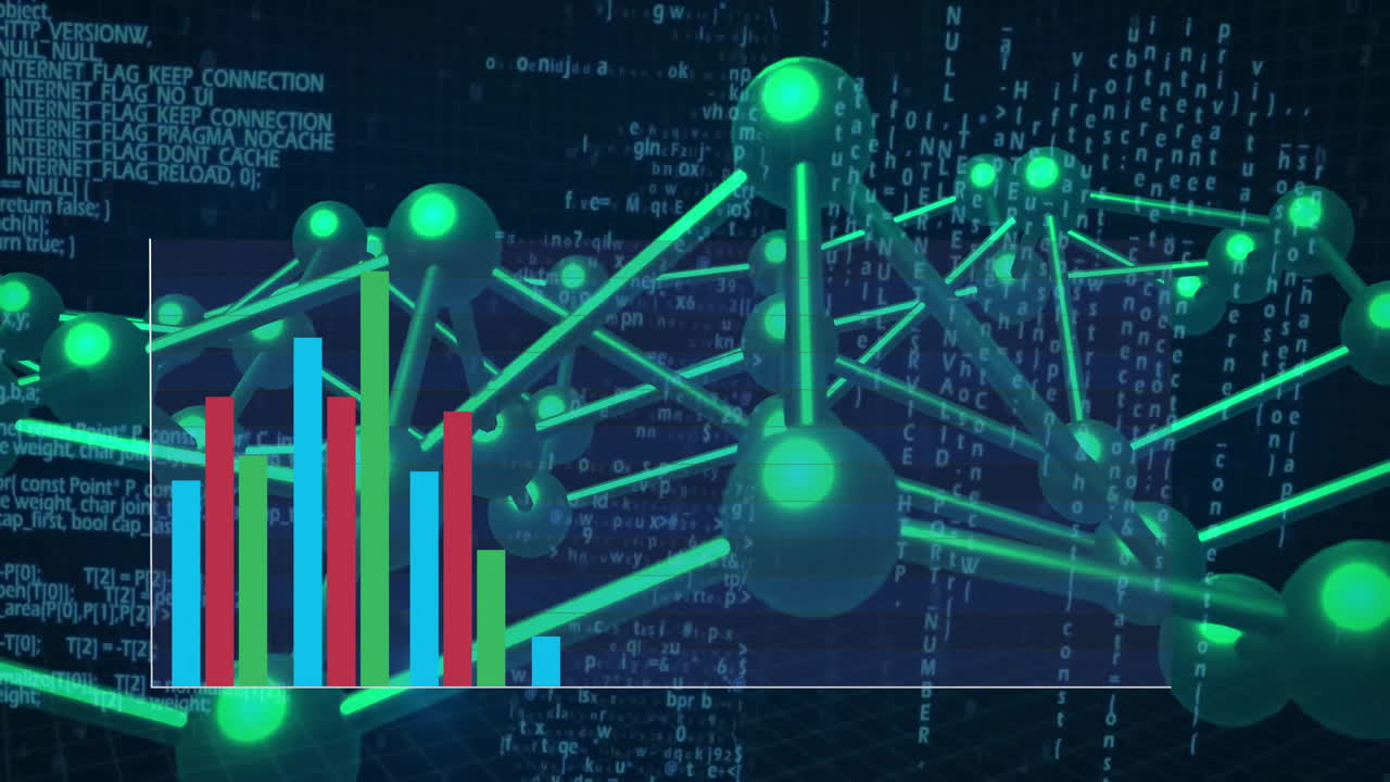 Glowing green molecular network floating over 3D render code backdrop, featuring colored bar chart