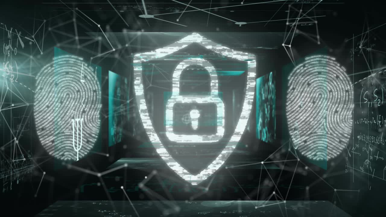 animación de huellas dactilares biométricas y candado de seguridad en línea a través de una red de conexiones