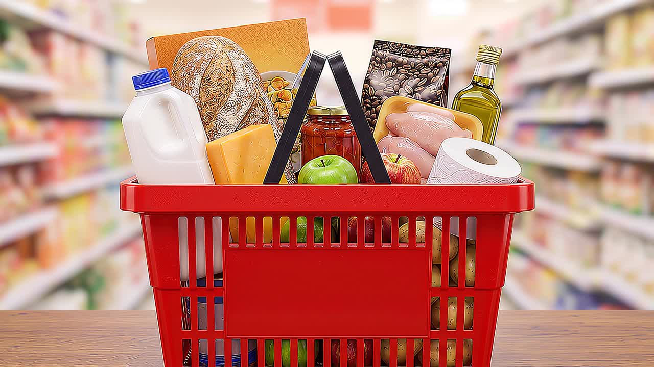 Rode boodschappenmand gevuld met levensmiddelen zoals brood, melk, kaas, fruit en olie in een supermarkt