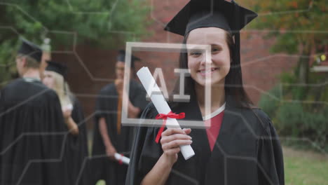 animation of ai text and data over caucasian female student graduating