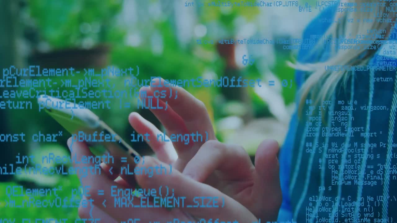 Animation of data processing over caucasian woman using smartphone