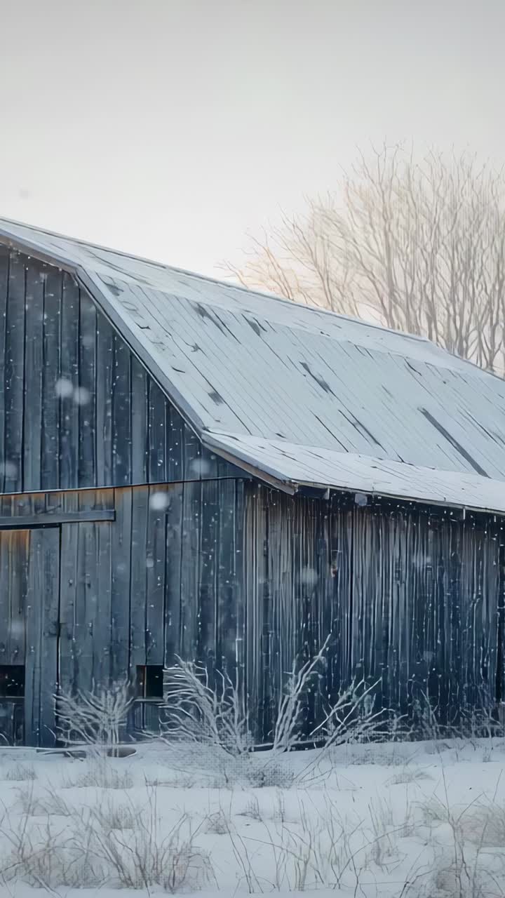 Vertical video: Camera recording barn showing planks and snow roof in field, sun rising