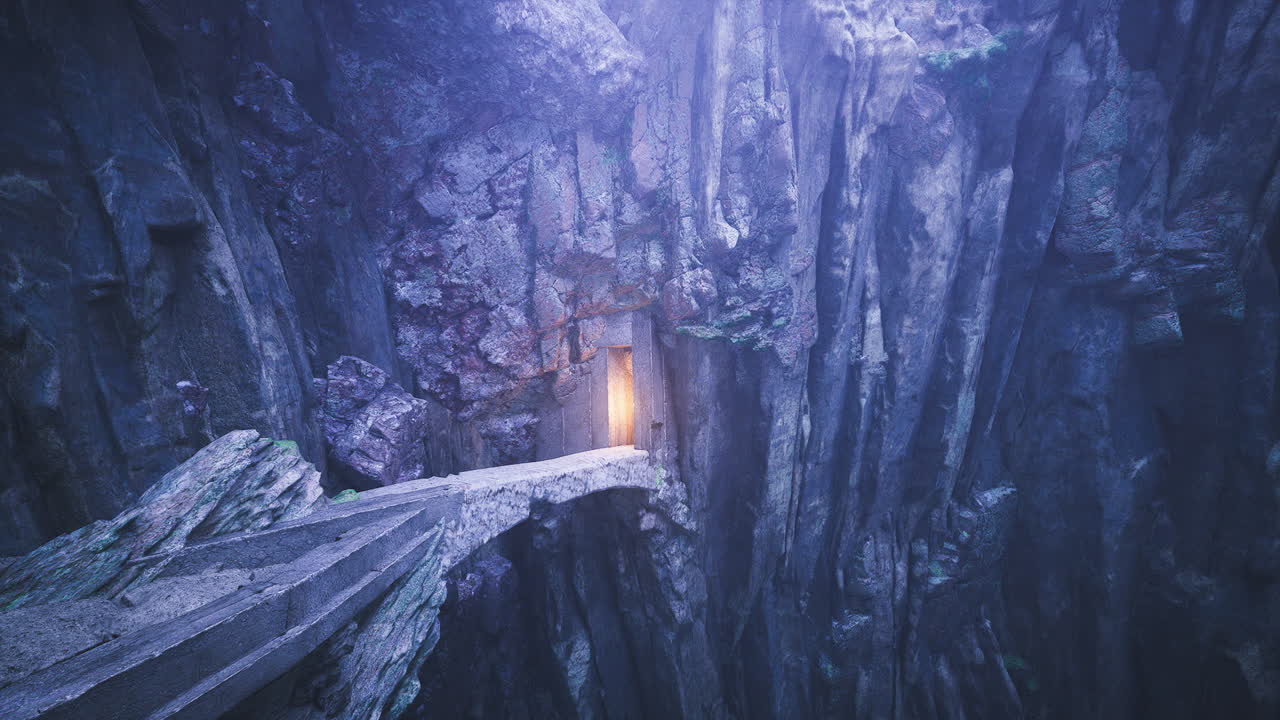 Mysterious glowing entrance within rocky cliffs at twilight