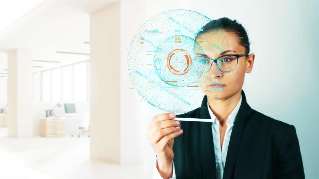 mujer de negocios en hud y barra de gráficos para ciber concepto futurista elemento tecnológico en fondo claro
