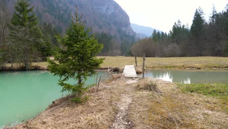 static shot of a small wooden bridge crossing over a tropical blue lake