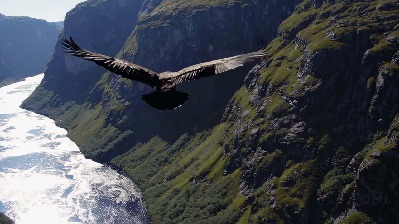 águila volando por encima de un fiordo en noruega