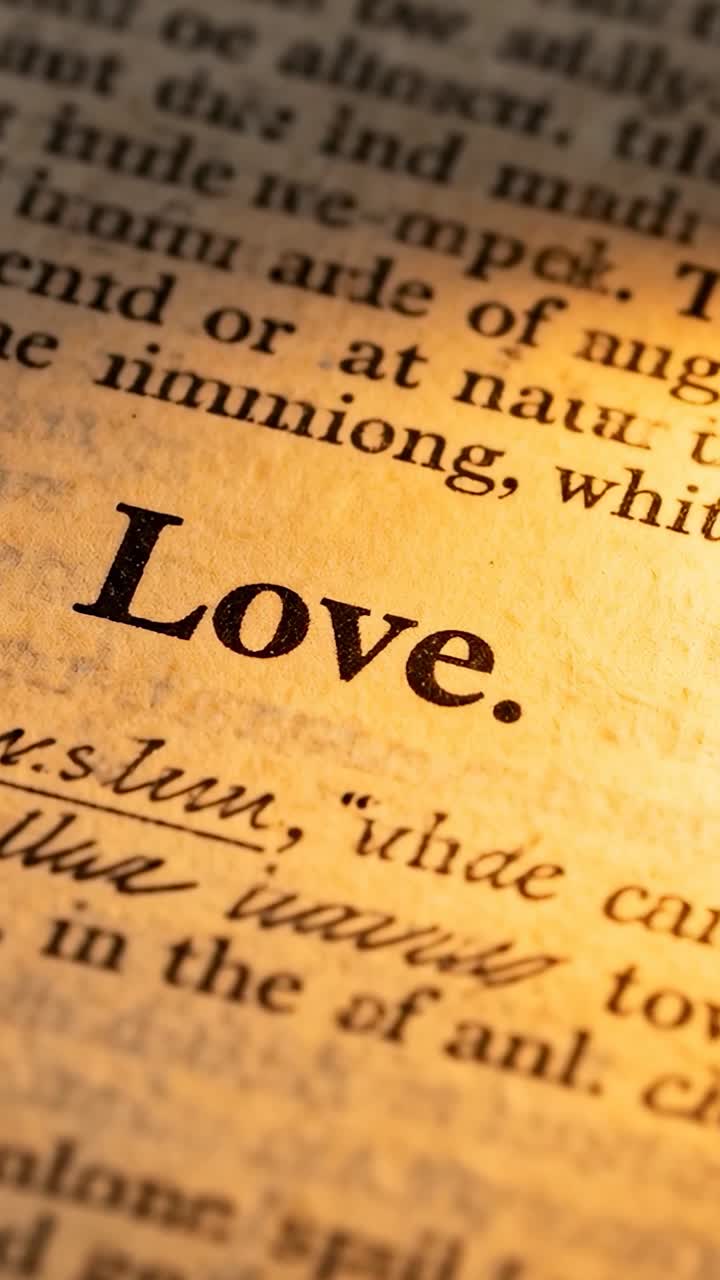 Vídeo vertical: câmera inclinando, foco percorrendo a página de um livro antigo na mesa, destacando Love