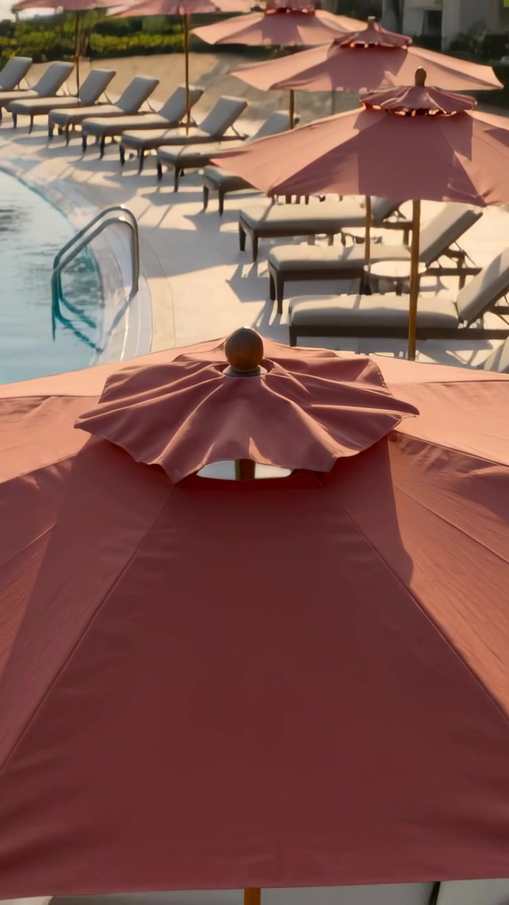 Video verticale: Telecamera che si allontana rivelando un ombrellone rosso centrale a bordo piscina, una scaletta della piscina e ombre.