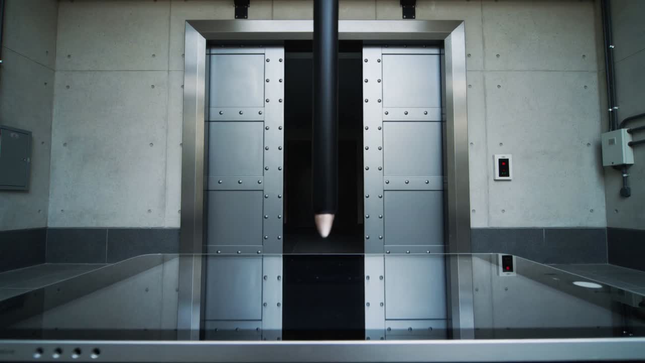 Mit einem schwarzen Hand-Stylus auf ein Glastablet tippend, öffnen sich Metalltüren und zeigen einen Korridor mit einem roten Panel.