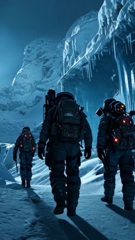 explorers traverse a frozen alien landscape under a twilight sky
