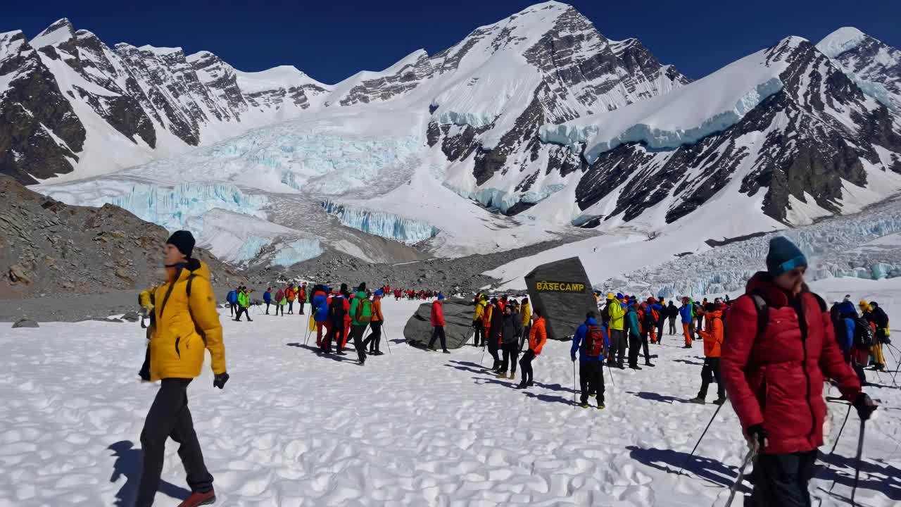 Wide-angle video shot of climbers in colorful gear on snowy terrain, with majestic mountains