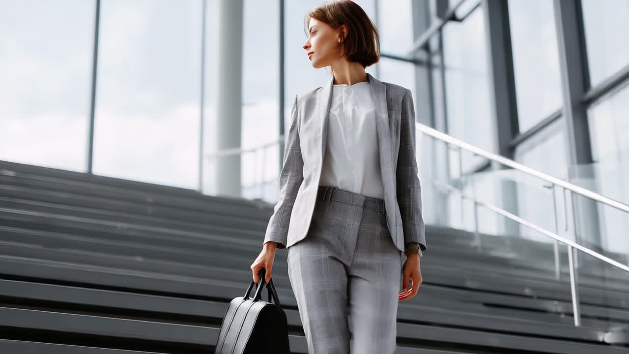A Confident Business Professional Ascends Modern Stairs, Carrying a Stylish Briefcase in a Bright, Contemporary Workplace Environment