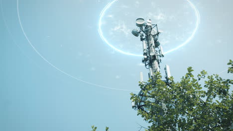 giant 5g 6g communication tower sends signals behind tree, technology in nature, internet network, reception