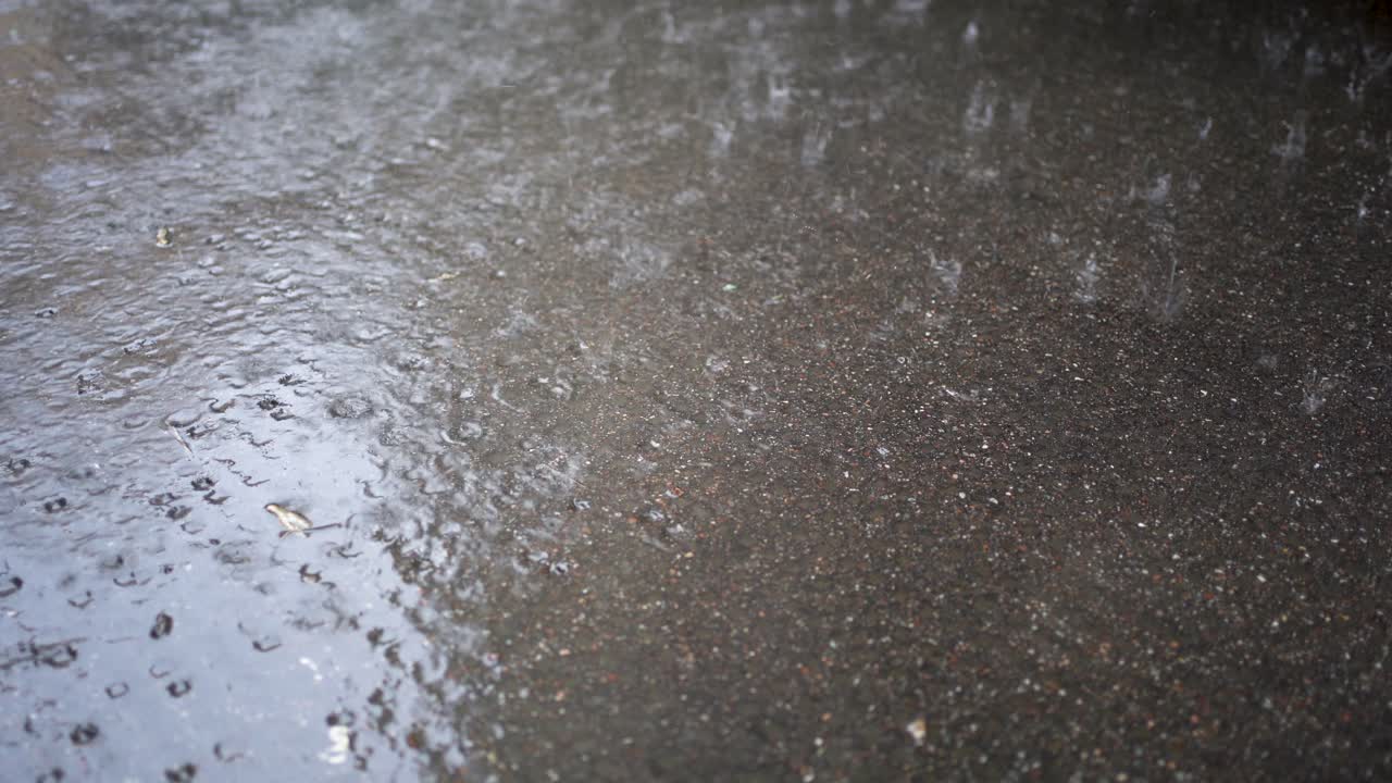 Raindrops hitting wet asphalt surface, creating ripples and splashes, close-up, daylight
