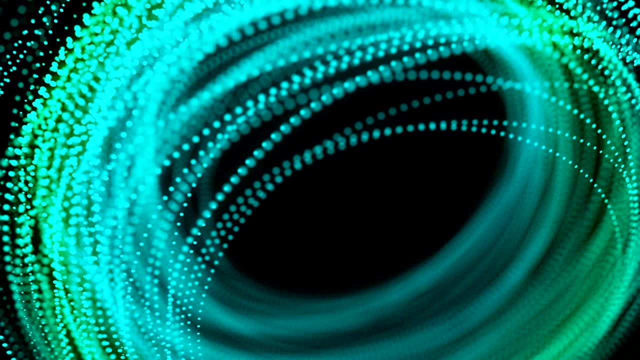 Abstract moving dot line lighting pattern blue and green gradient color circle shape, fiber optic network concept design glowing in the dark background, seamless looping animation 4K with copy space