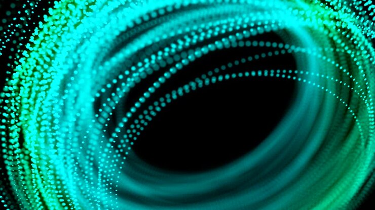 Abstract moving dot line lighting pattern blue and green gradient color circle shape, fiber optic network concept design glowing in the dark background, seamless looping animation 4K with copy space