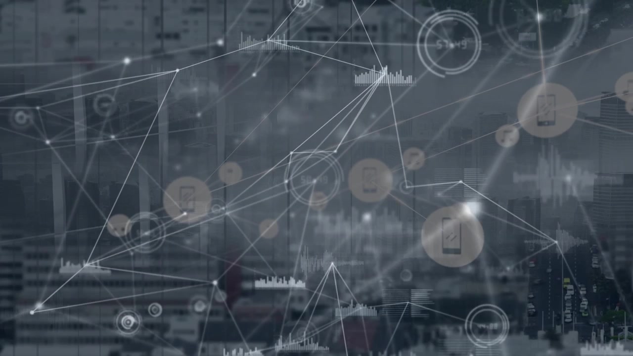 Animation of network of connections and data processing over cityscape