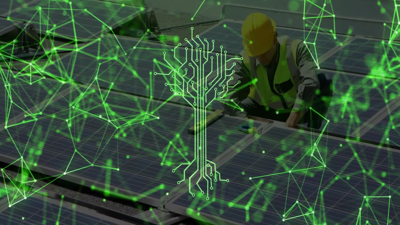 Green network overlay pulsing over solar panels, guiding technician checking voltage using meter