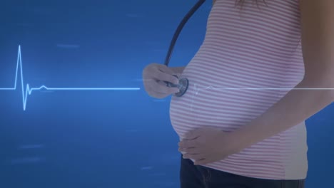 Heartbeat-over-caucasian-woman-listening-to-her-pregnant-belly-with-stethoscope,-on-blue