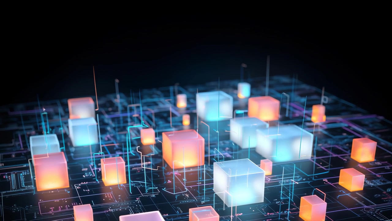 Futuristic Data Network with Interconnected Glowing Cubes