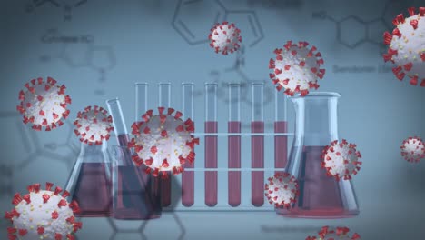 Animation-Von-Covid-19-Zellen-über-Strukturen-Chemischer-Verbindungen,-Flaschen-Und-Reagenzgläsern