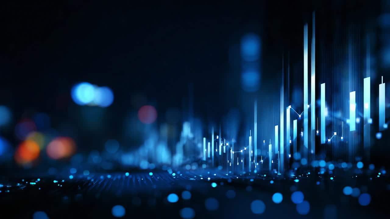 Dynamic Visualization of Financial Data Displaying Vibrant Trends Through Impressive Bar Charts and Analyzing Complex Patterns against a Dark Background with Sparkling Dots Reflecting Data Insights
