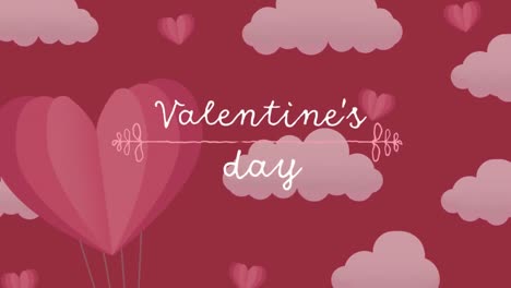 animation of valentines day text over clouds on red background