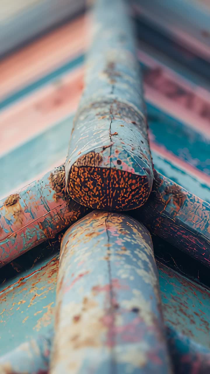 Vertical video: Pulling back camera revealing stacked metal tubes on roof, documenting corrosion