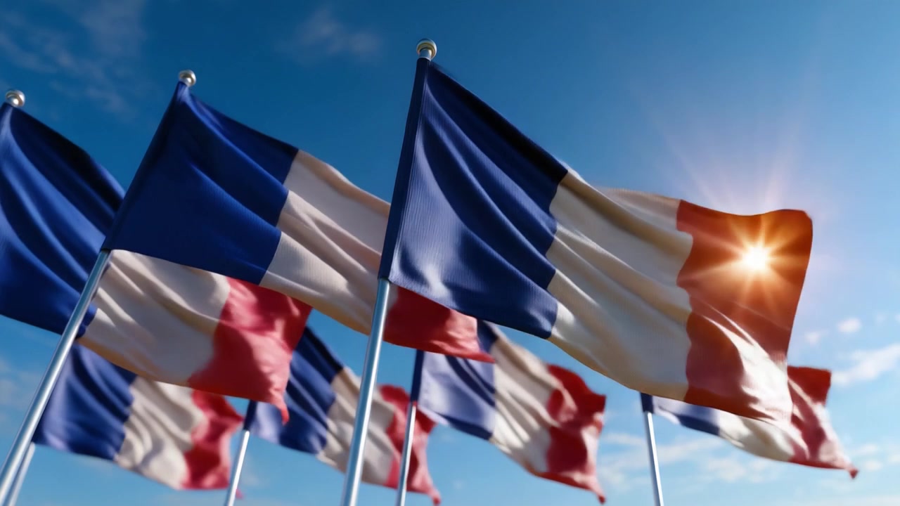 A Dynamic Display of Vibrant Flags in the Breeze, Symbolizing National Pride and Unity Against a Backdrop of Clear Blue Skies and Radiant Sunshine
