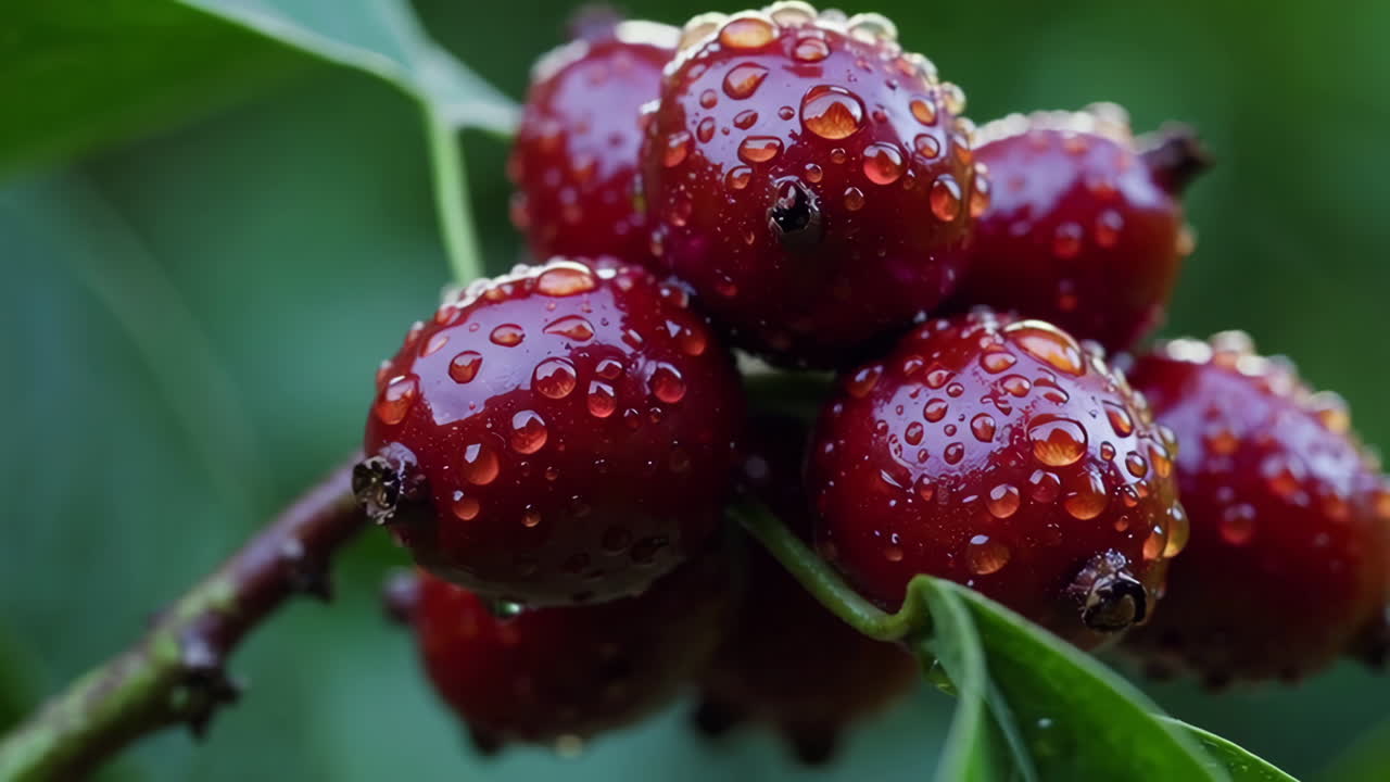 Close-up of Coffee Cherries with Water Droplets