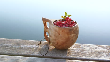 lingonberries in wooden hiking cup next to lake, close up shot