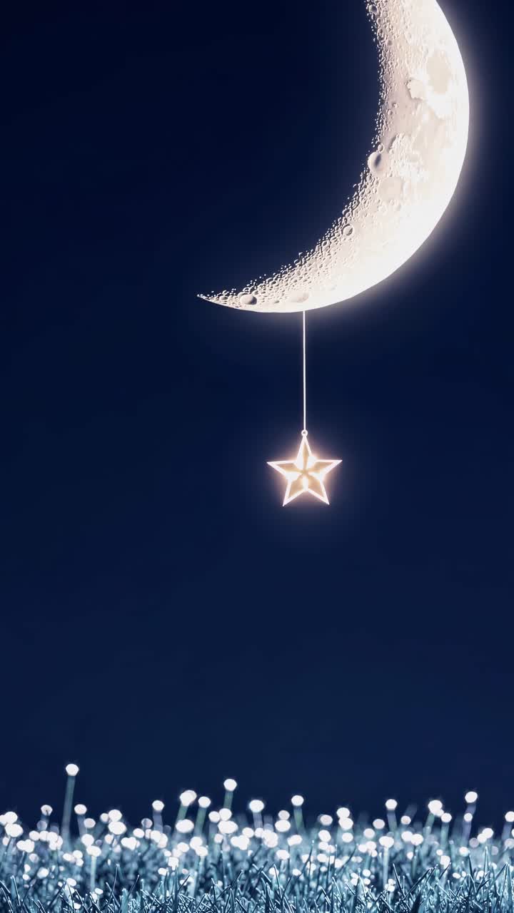 A whimsical video concept with a crescent moon hanging a glowing star above a field of lights