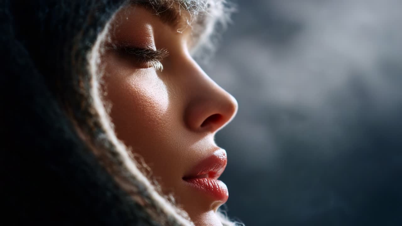 A Captivating Close-Up of a Woman's Profile, Enveloped in a Cozy Hood, Revealing Soft Facial Features, Glowing Skin, and a Serene Expression Amidst a Misty Background