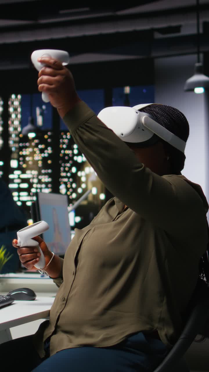 Vertical Video Black woman using VR glasses and neural networks to edit photos