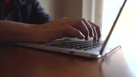 Hands typing busily on a laptop computer with natural light shining from the window