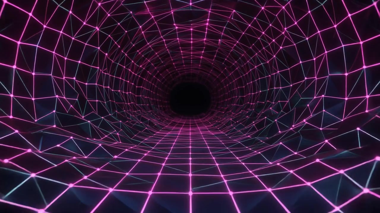 Tunnel Digitale Astratto con Mesh Wireframe Rosa Luminosa