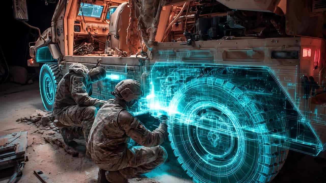 Soldiers performing maintenance on military vehicle with digital overlay