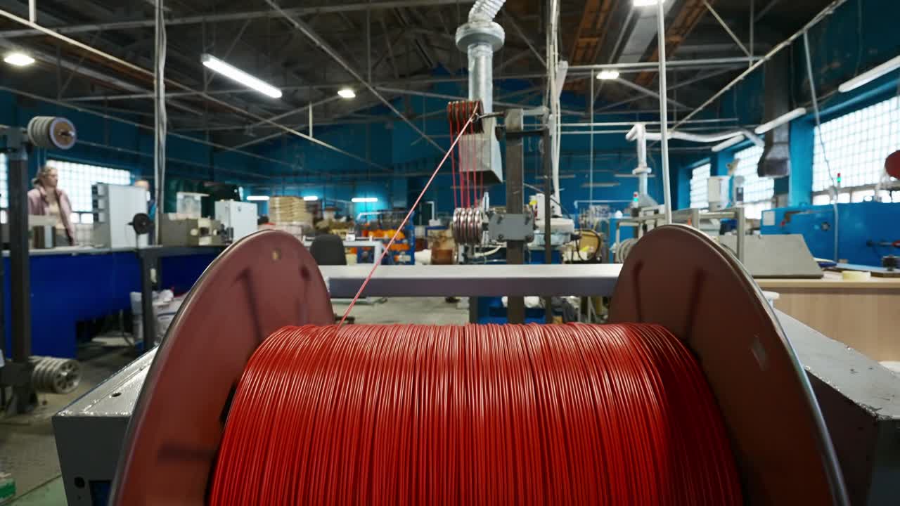 máquina de bobinado de cables roja en un entorno industrial