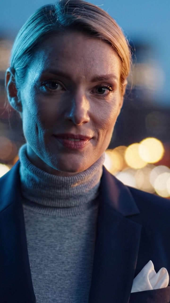 Donna professionista che sorride con sicurezza al tramonto, con le luci soffuse della città che creano un'atmosfera misteriosa e calda sullo sfondo