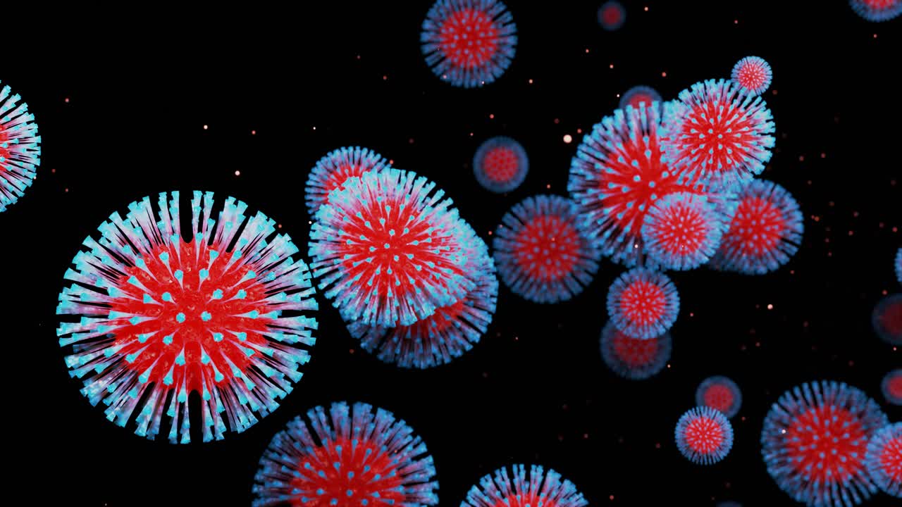 en primer plano, el coronavirus tipo covid-19, h1n1, la gripe aviar o la gripe porcina se mueven suavemente en el fluido. representación 3d del virus como fondo de bucle microscópico microbiológico. gradiente azul rojo 1
