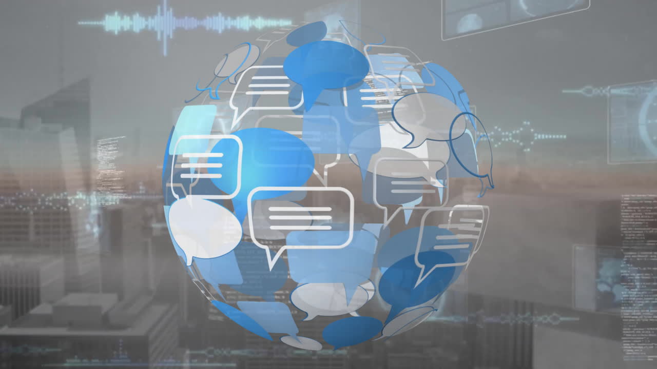 Animation of icons on rotating globe, graphs, circles over modern cityscape