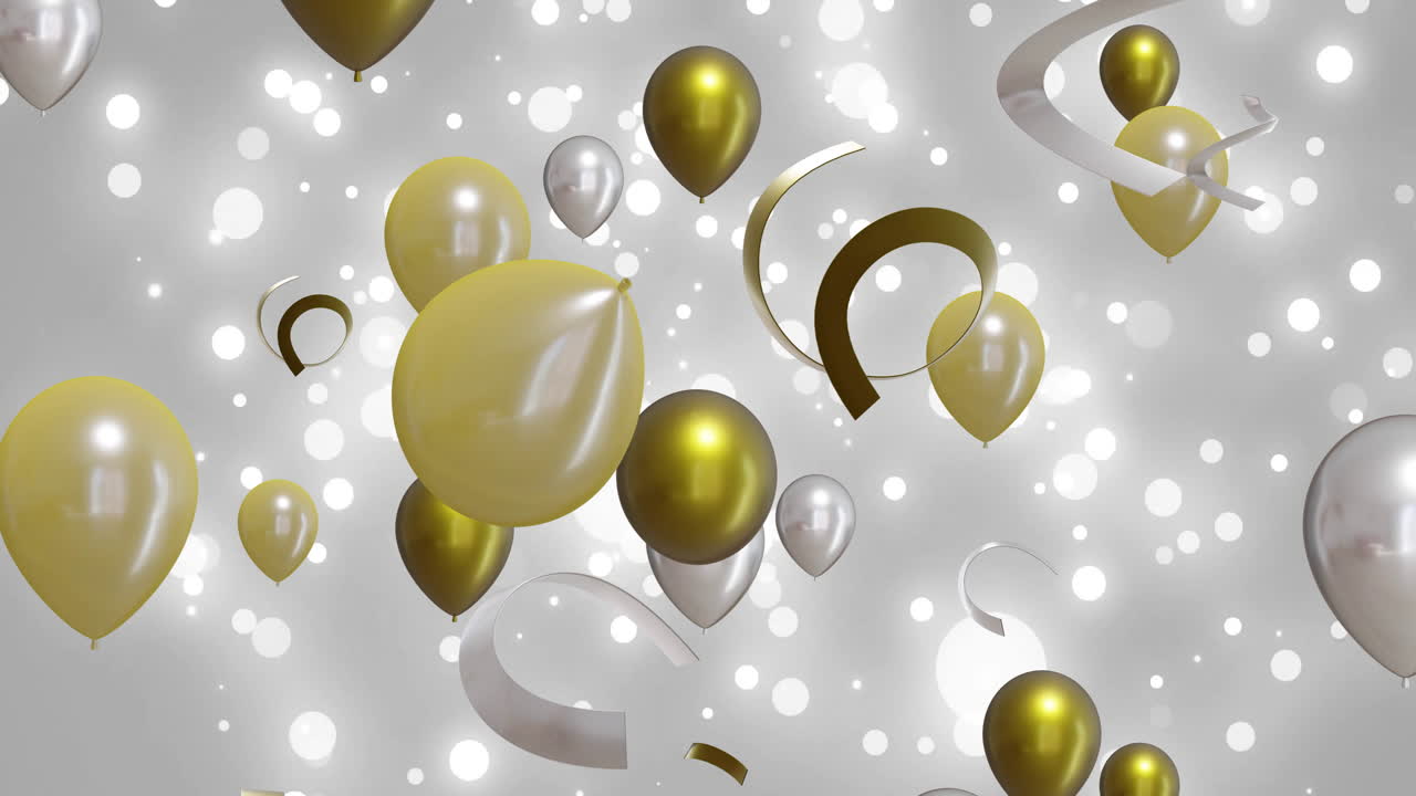 animación de globos de oro y plata sobre un fondo blanco