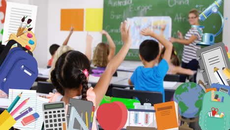 children raising hands in classroom with school supplies animation in foreground