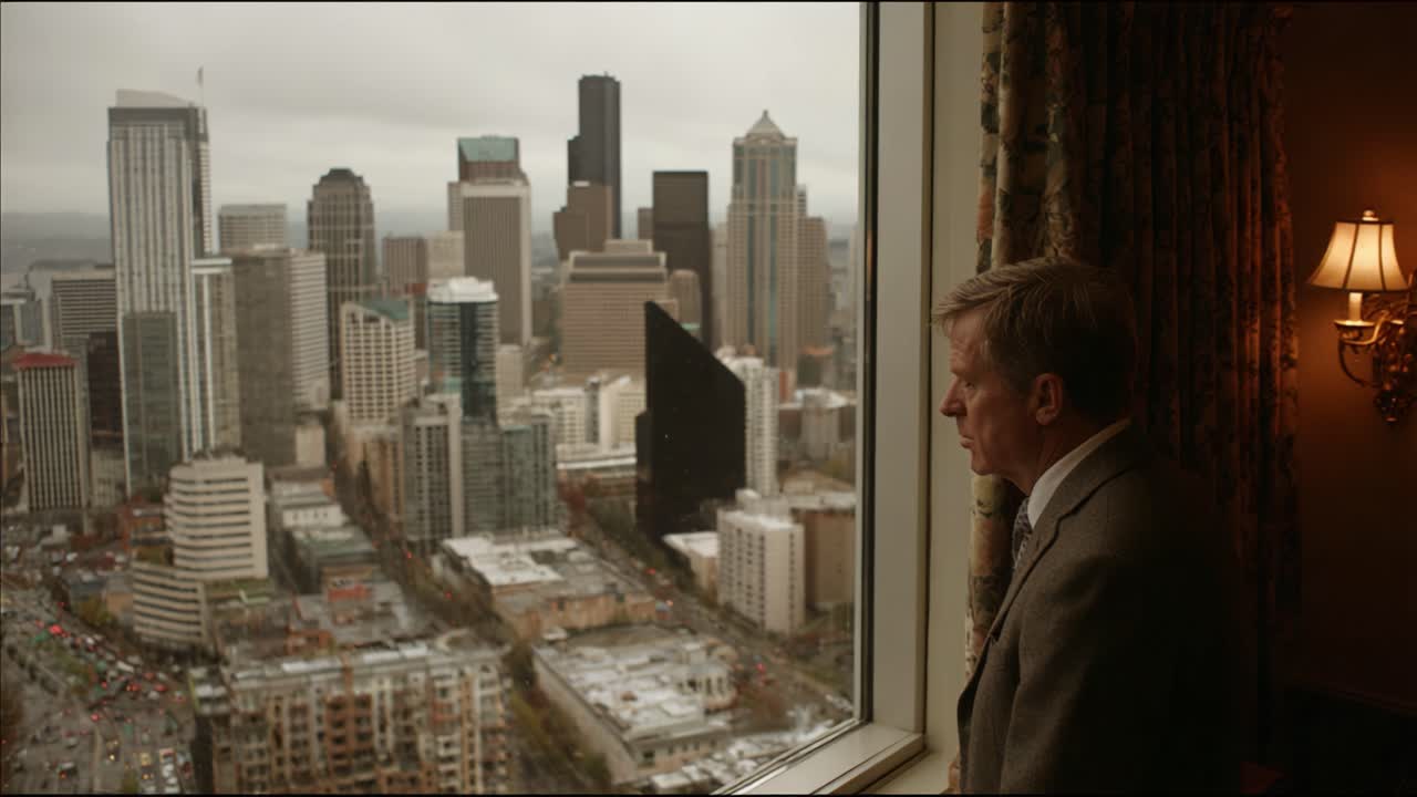 A Pensive Man Gazes Out from a High-Rise Window, Overlooking a Cityscape Covered in Soft Clouds and Drizzly Weather, Contemplating Life's Choices in a Modern Urban Environment